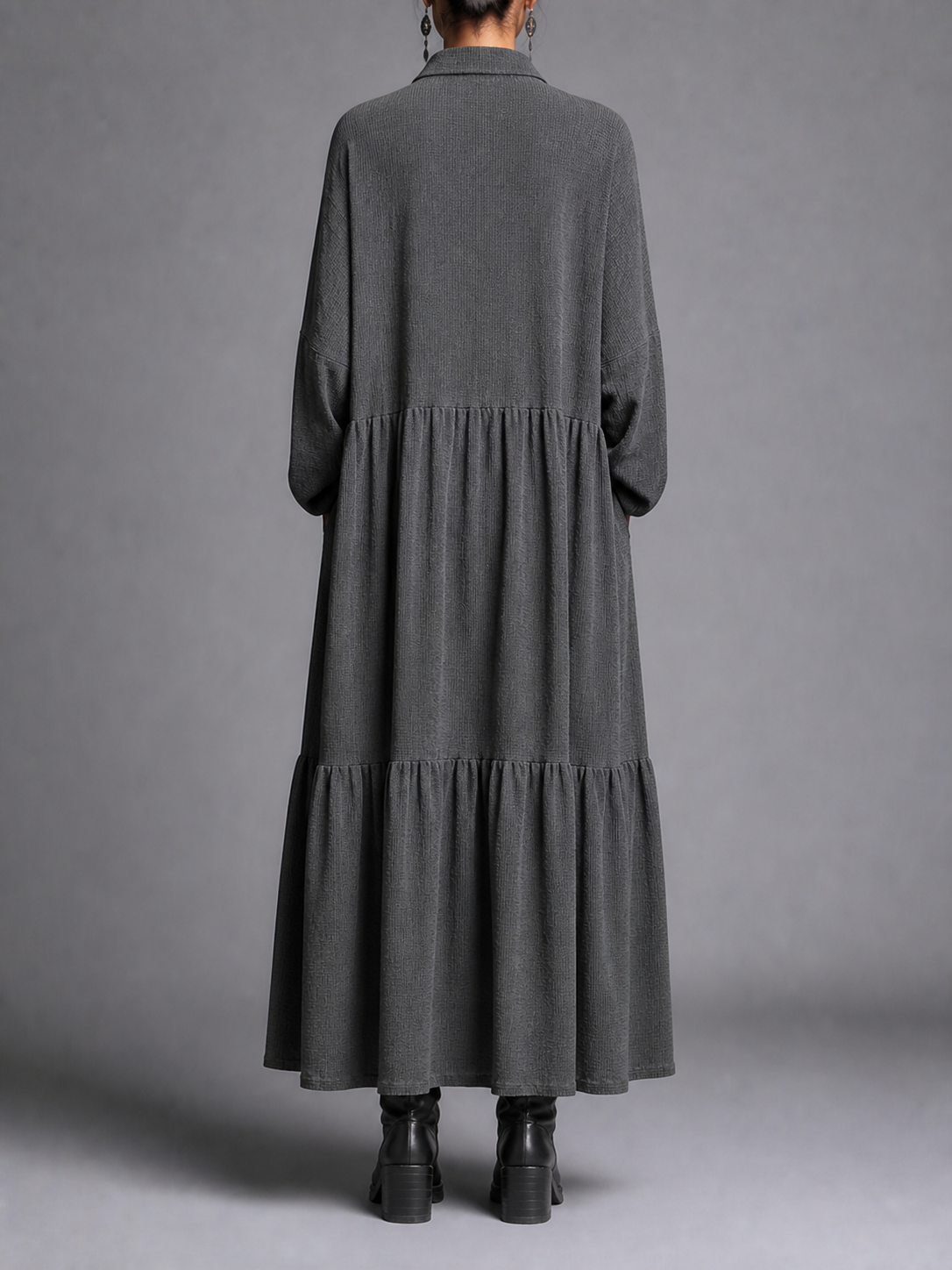 Split-Joint Solid Color Pockets Buttoned Loose Long Sleeves Lapel Maxi Dresses
