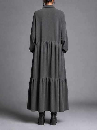 Split-Joint Solid Color Pockets Buttoned Loose Long Sleeves Lapel Maxi Dresses