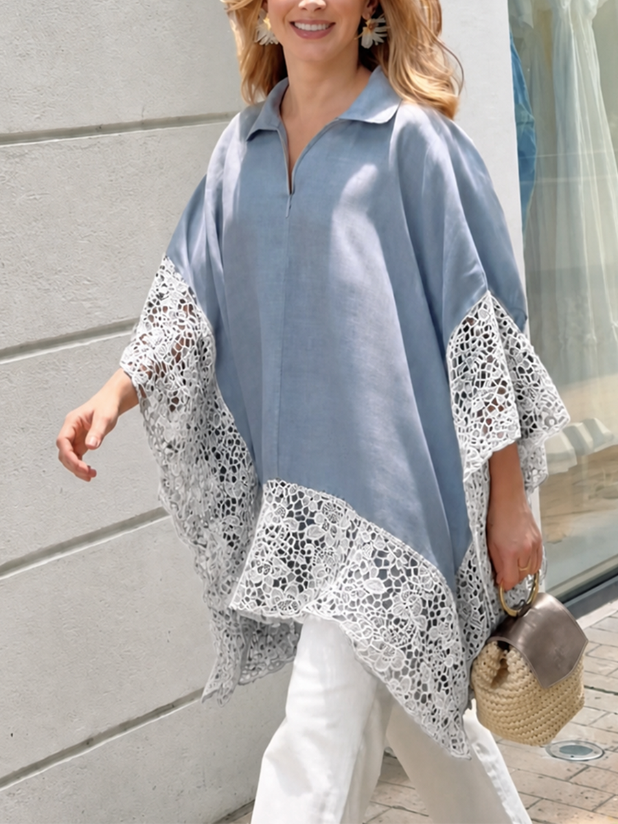 Zipper Split-Joint Solid Color Loose Half Sleeves Lapel Blouses&shirts Tops