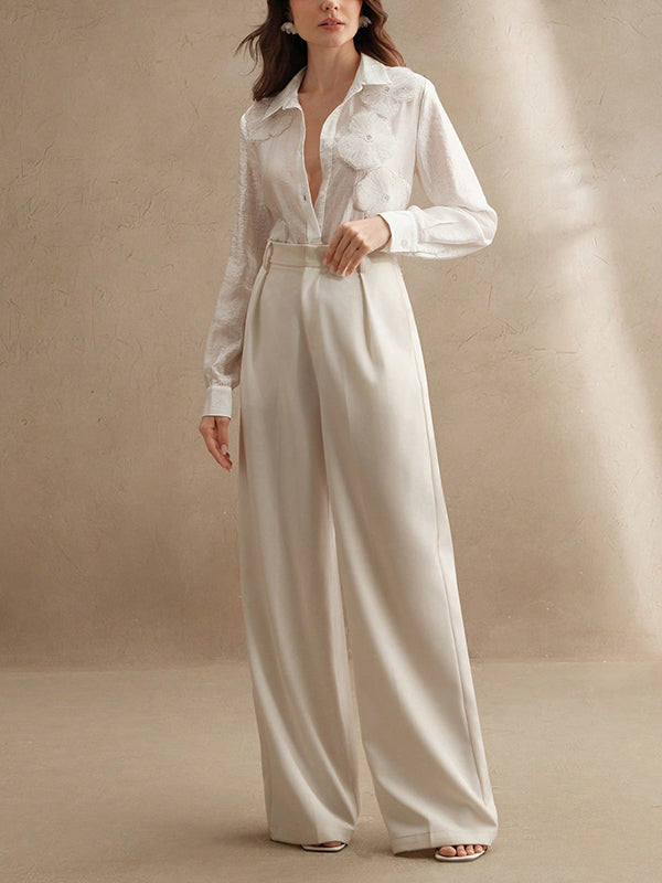 Long Sleeves Applique Split-Joint Lapel Blouses&Shirts Tops