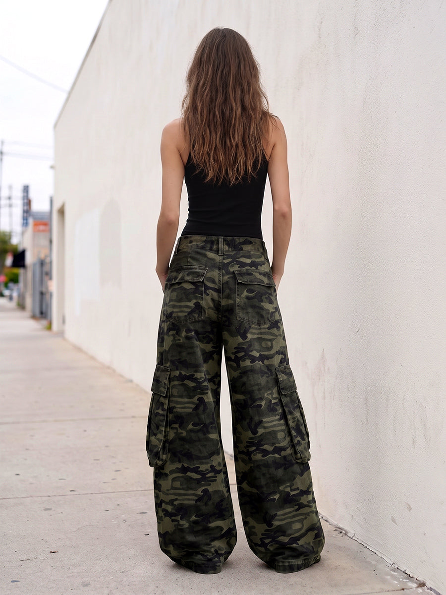 Zipper Pockets Camouflage Buttoned Wide Leg Loose Trousers Pants
