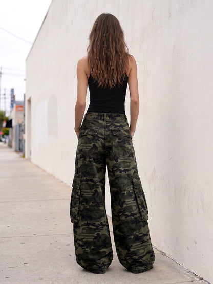 Zipper Pockets Camouflage Buttoned Wide Leg Loose Trousers Pants