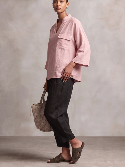Solid Color Pockets Loose Long Sleeves V-neck Blouses&shirts Tops