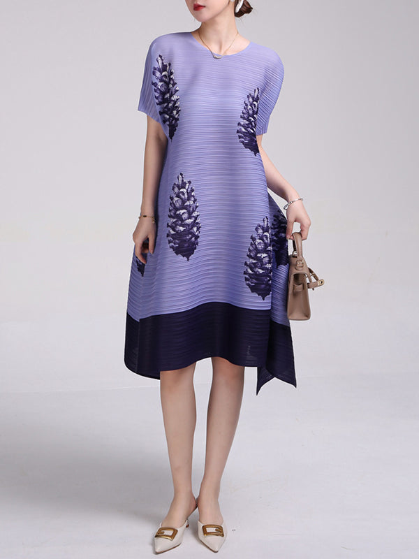 A-Line Loose Flower Print Pleated Round-Neck Midi Dresses