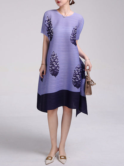 A-Line Loose Flower Print Pleated Round-Neck Midi Dresses