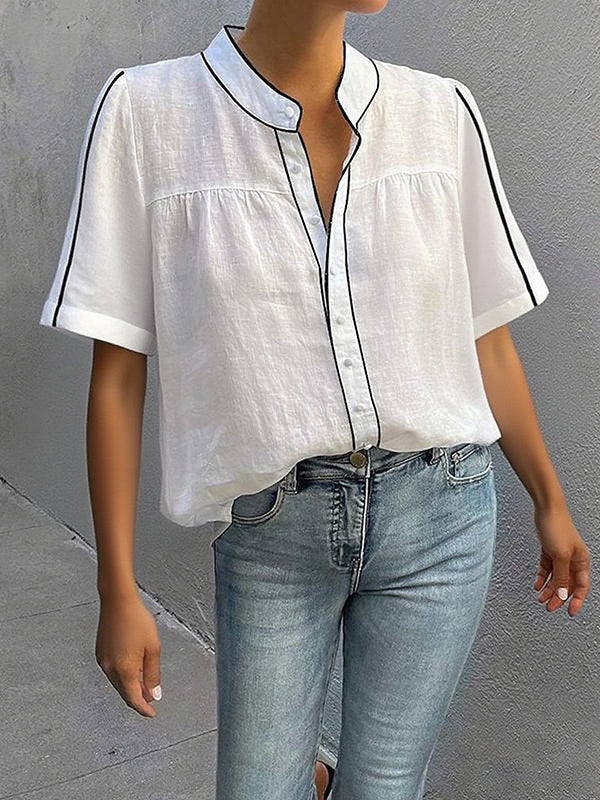 Loose Short Sleeves Buttoned Contrast Color Blouses&Shirts Tops