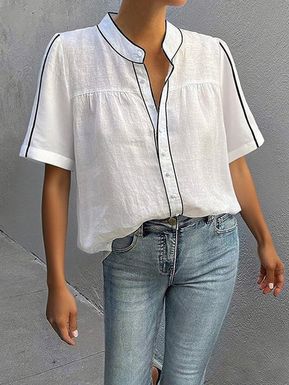 Loose Short Sleeves Buttoned Contrast Color Blouses&Shirts Tops