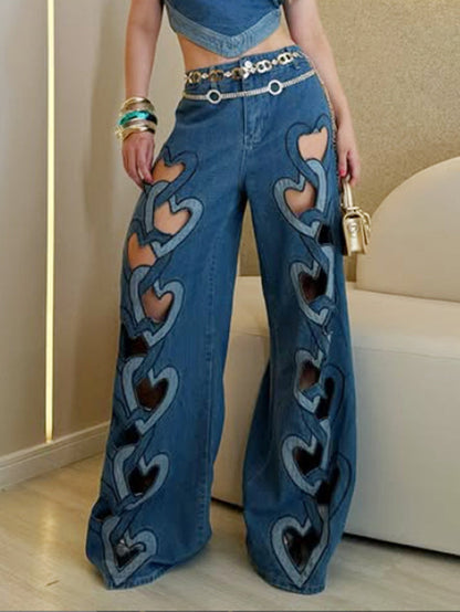 High Waisted Wide Leg Hollow Jean Pants Bottoms