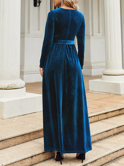 Long Sleeves Wrap Belted Pleated Solid Color Zipper Round-Neck Maxi Dresses