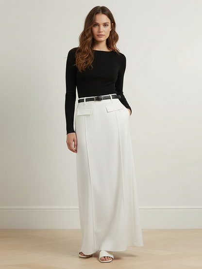 High Waisted Loose Belted Contrast Color Pleated Split-Back Split-Joint Skirts Bottoms