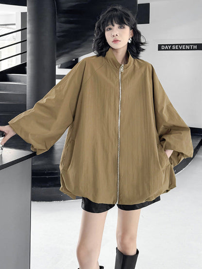 A-Line Long Sleeves Buttoned Solid Color Zipper Stand Collar Outerwear Windbreakers