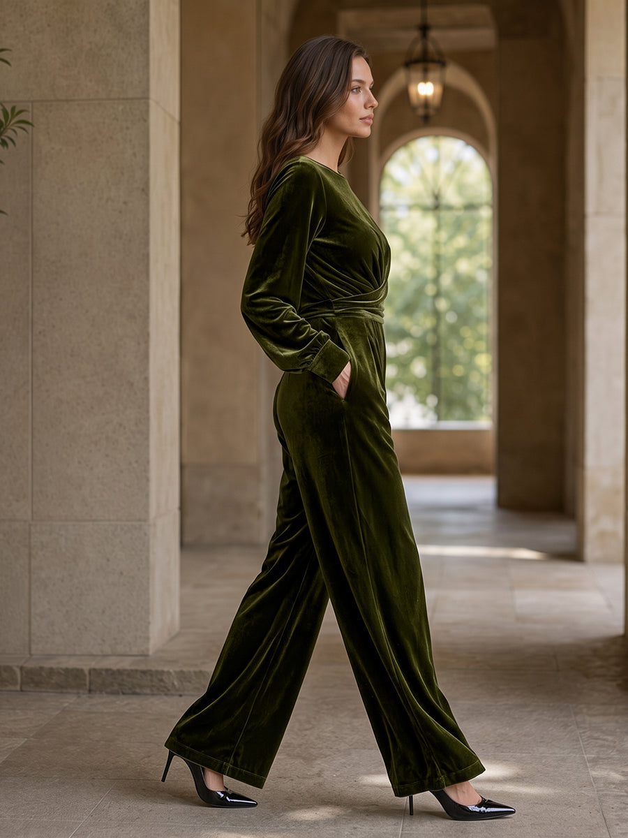 Velvet Solid Color Ruched Pockets Long Sleeves High Waisted Boat Neck Jumpsuits