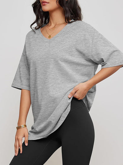 T-shirts à manches courtes et col en V, couleur unie 