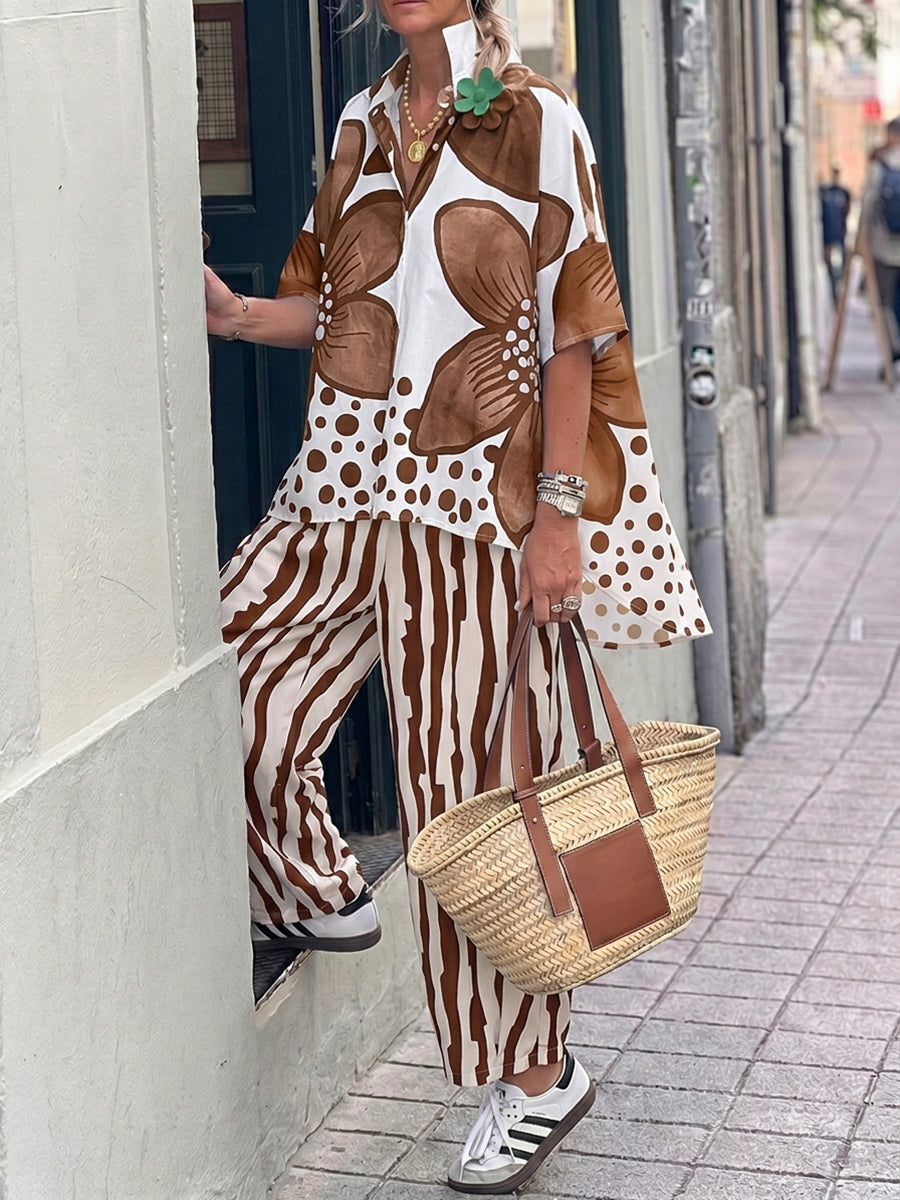 Half Sleeves Buttoned Flower Print Polka-Dot Lapel Blouses&Shirts Tops + High Waisted Pants Trousers Two Pieces Set