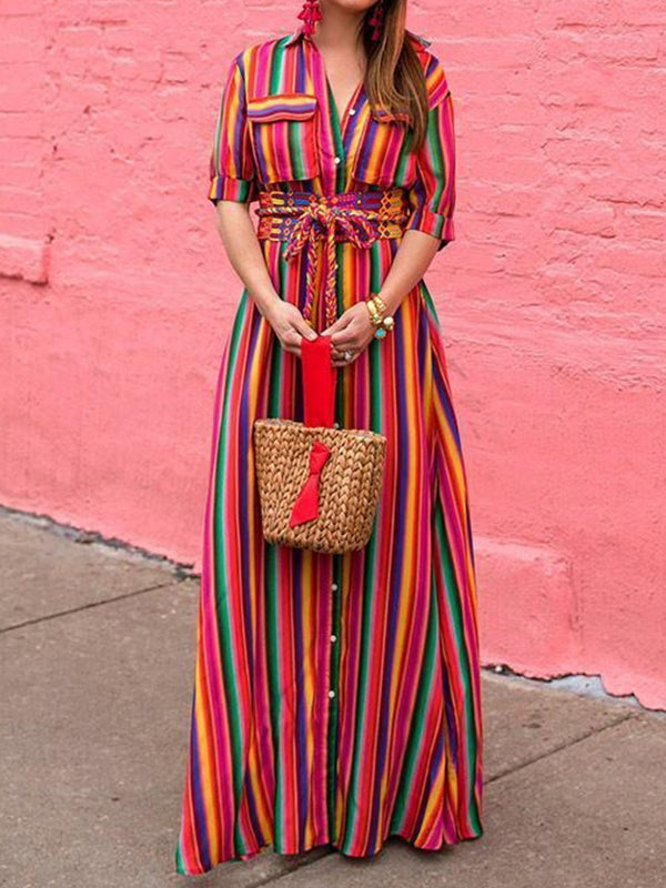 Long Sleeves Loose Split-Joint Striped Lapel Maxi Dresses Shirt Dress