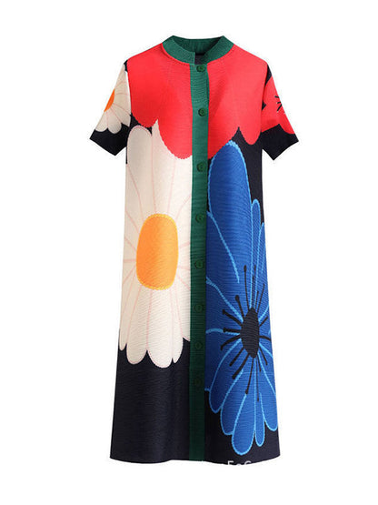 A-Linie Locker geknöpft Blumendruck Plissee Rundhals Midikleider 