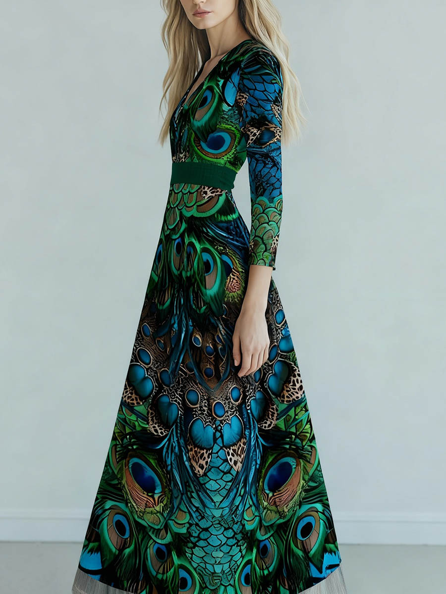 A-Line Elasticated Waist Animal Printed Belted Contrast Color Split-Joint Deep V-Neck Maxi Dresses