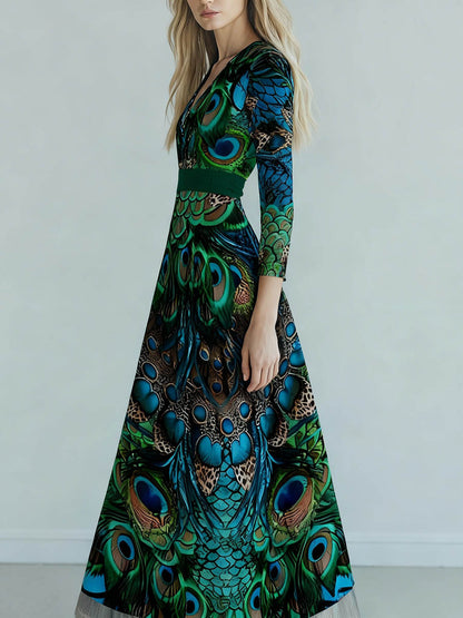 A-Line Elasticated Waist Animal Printed Belted Contrast Color Split-Joint Deep V-Neck Maxi Dresses
