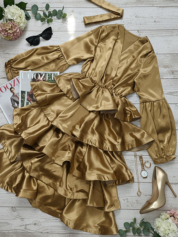 Flared Sleeves Belted Ruffled Shiny Tiered V-Neck Midi Dresses