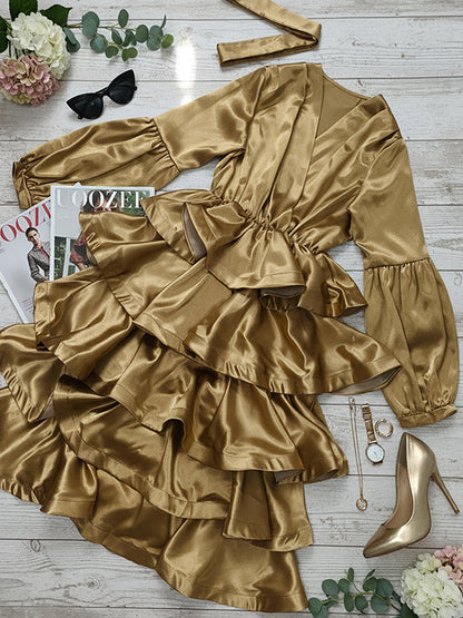Flared Sleeves Belted Ruffled Shiny Tiered V-Neck Midi Dresses