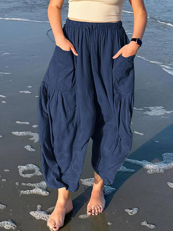 Pantalon taille haute ample avec cordon de serrage et poches plissées, couleur unie 