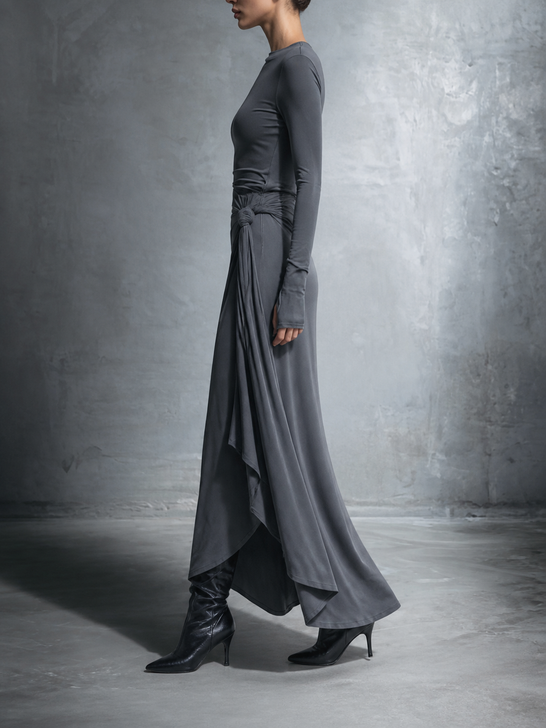 Split-Joint Solid Color Knot Asymmetric Long Sleeves Round-neck Maxi Dresses