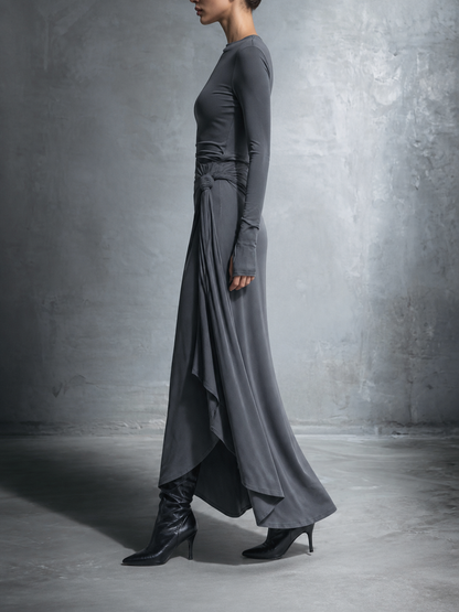 Split-Joint Solid Color Knot Asymmetric Long Sleeves Round-neck Maxi Dresses