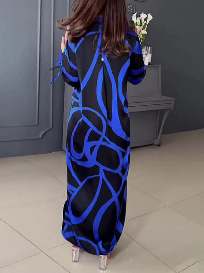 Long Sleeves Loose Buttoned Contrast Color Printed Maxi Dresses Shirt Dress