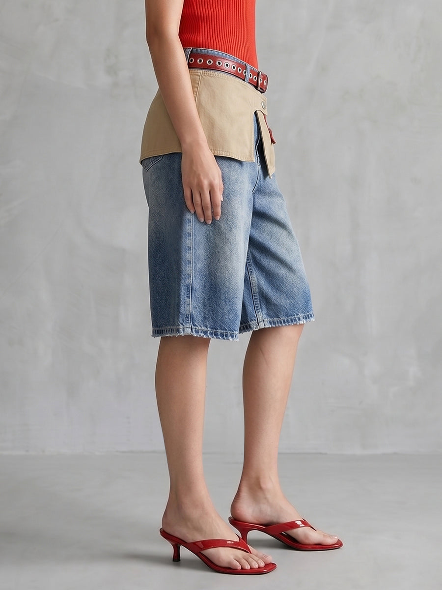 High Waisted Wide Leg Belted Buttoned Contrast Color Layered Split-Joint Denim Shorts