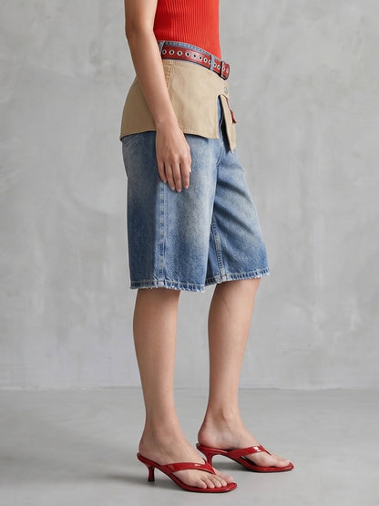 High Waisted Wide Leg Belted Buttoned Contrast Color Layered Split-Joint Denim Shorts
