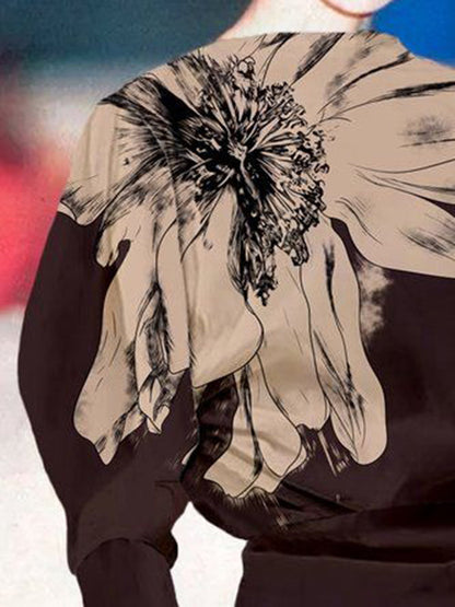 Long Sleeves Loose Asymmetric Floral Printed Split-Joint Stand Collar T-Shirts Tops