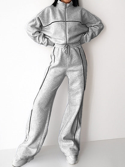 Contrast Color Line Split-Joint Zipper Lapel Outerwear + Elasticated Waist High Waisted Drawstring Pants Two Pieces Set