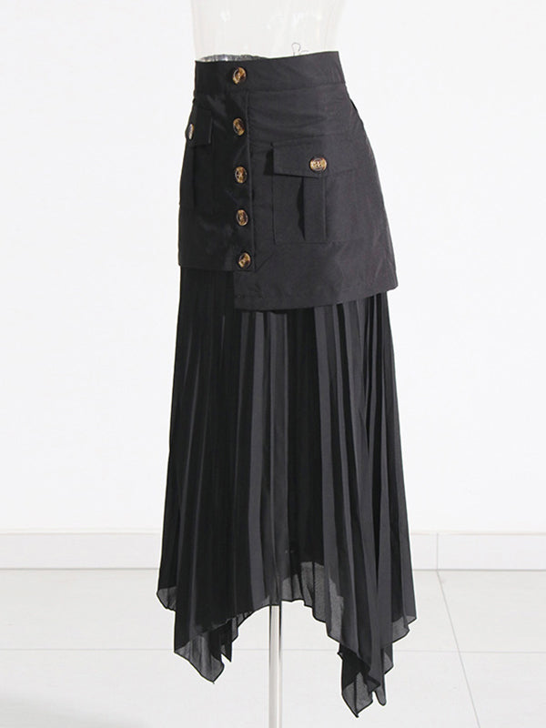 A-Line Loose Asymmetric Buttoned Pleated Split-Joint Zipper Skirts Bottoms