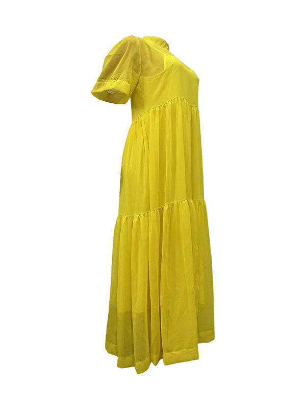 Loose Plus Size Solid Color Split-Joint Inner Dress + Mesh Pleated Mock Neck Outer Dress Two Pieces Set