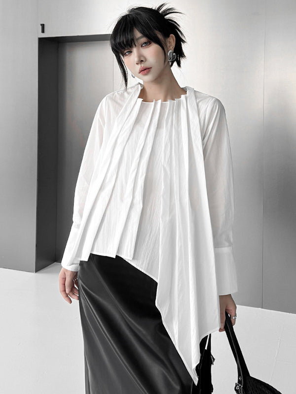 Hipster Irregularity Asymmetric Pleated Solid Color Round-Neck Blouses&Shirts Tops