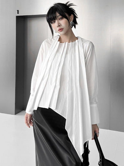 Hipster Irregularity Asymmetric Pleated Solid Color Round-Neck Blouses&Shirts Tops
