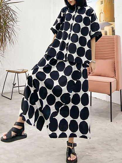 Batwing Sleeves Buttoned Polka-Dot Round-Neck Shirts Top + Elasticity Pockets Harem Pants Pants Bottom Two Pieces Set