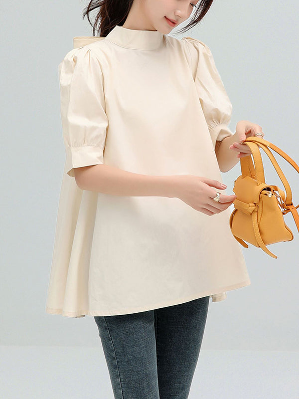 Casual Loose Bow-Embellished Solid Color Blouse