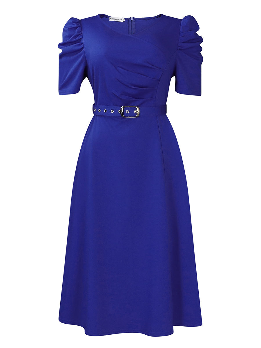 Solid Color Pleated Belted Short Sleeves Plus Size V-neck Midi Dresses