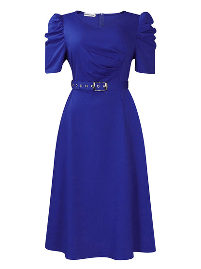 Solid Color Pleated Belted Short Sleeves Plus Size V-neck Midi Dresses