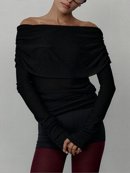 Long Sleeves Loose Solid Color Off-The-Shoulder Pullovers Sweater Tops