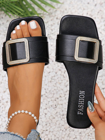 Belt Buckle Open Toe Square-Toe Flats