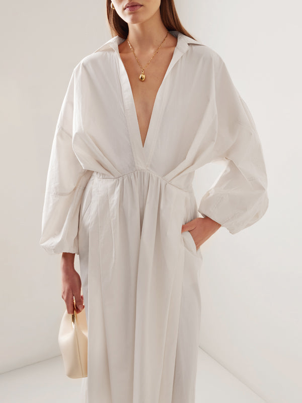 Long Sleeves Loose No Belt Solid Color V-Neck Maxi Dresses