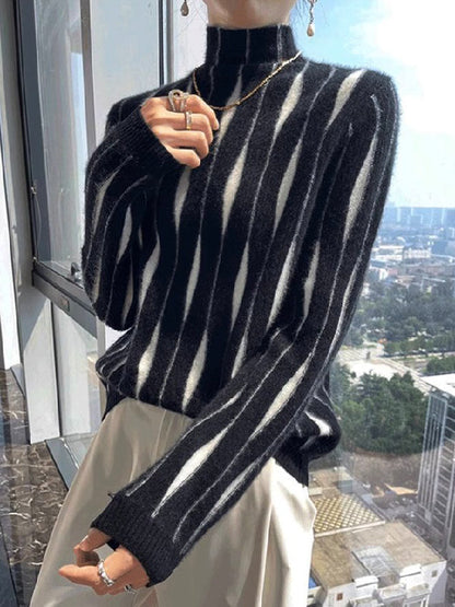 Long Sleeves Contrast Color High-Neck Sweater Tops