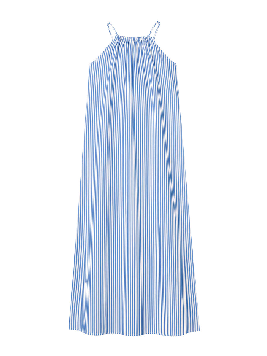 A-Line Loose Contrast Color Pleated Striped Halter-Neck Maxi Dresses