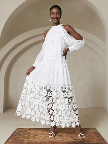 A-Line Long Sleeves Hollow Ruched Solid Color Split-Joint Cold Shoulder Maxi Dresses