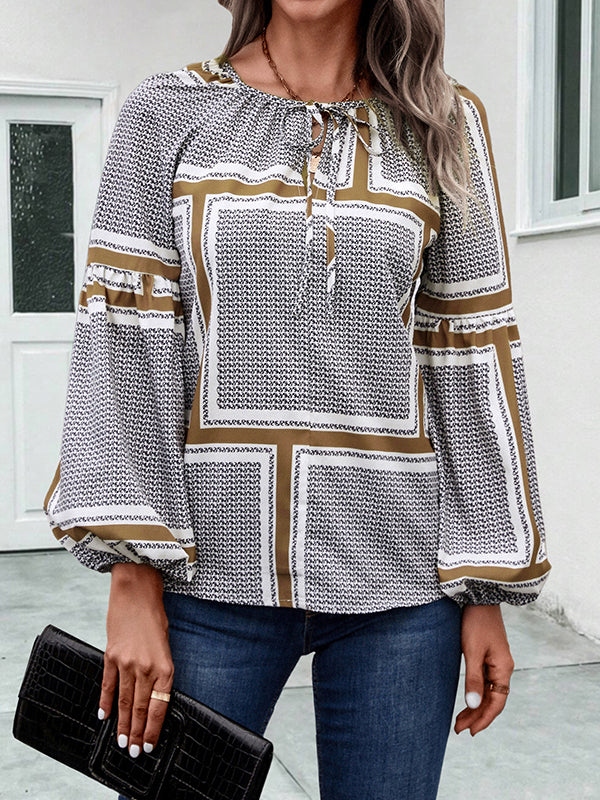Long Sleeves Loose Elasticity Print Tied V-Neck Blouses&Shirts Tops