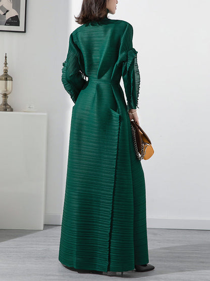 Casual Long Sleeves Loose Tied Pleated Stand Collar Midi Dresses