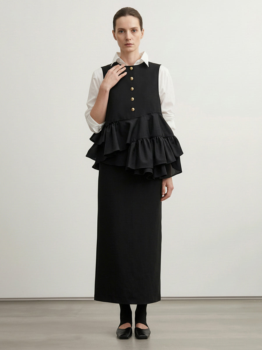 Column Irregularity Asymmetric Buttoned Contrast Color Layered Ruffled Split-Joint Lapel Maxi Dresses Shirt Dress