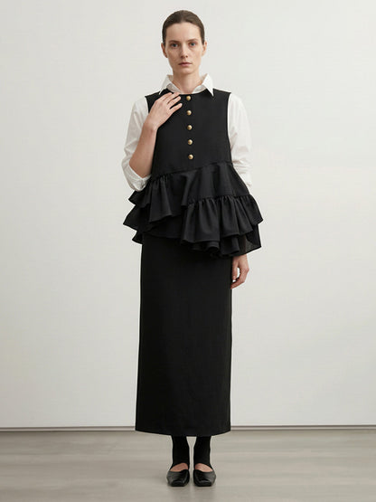 Column Irregularity Asymmetric Buttoned Contrast Color Layered Ruffled Split-Joint Lapel Maxi Dresses Shirt Dress
